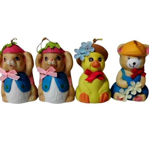 Porcelain Bisque Bells Set 4 Hand Painted Mouse Duck Bear Vintage Ornaments - Picture 1 of 12